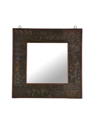 Zrcadlo v rámu z teakového dřeva zdobené starými raznicemi, 55x4x55cm