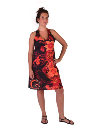 Šaty, tříčtvrteční, "Flower Design", černo-červené, bez rukávu