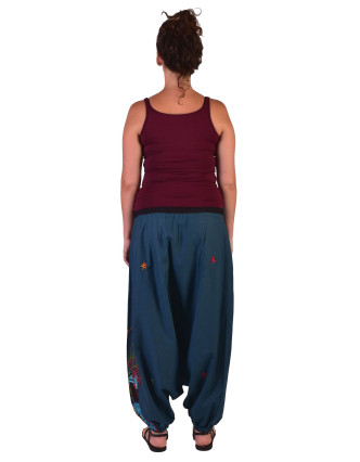 Petrolejové turecké kalhoty, "Tree design", barevná výšivka, kapsička, bobbin