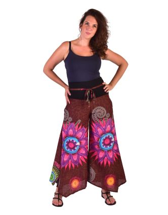 Hnědé zvonové kalhoty s vysokým pasem, "Mandala design"