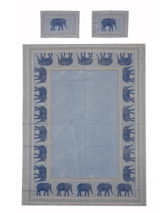 Přehoz na postel a dva povlaky na polštáře s potiskem slonů, modrý, 216x260cm