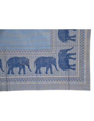 Přehoz na postel a dva povlaky na polštáře s potiskem slonů, modrý, 216x260cm