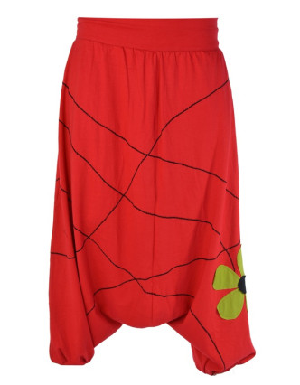 Červené turecké kalhoty s aplikací květiny a výšivkou