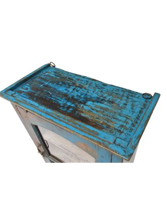Prosklená skříňka z teakového dřeva, tyrkysová patina, 55x30x87cm