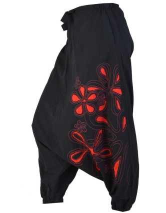 Černo červené turecké kalhoty "Chain flower"