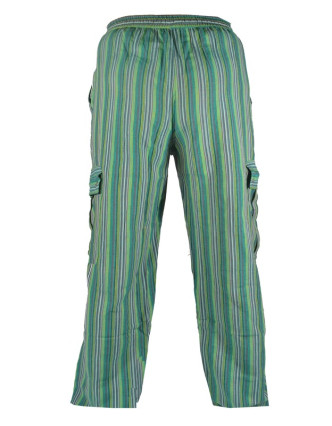 Zelené pruhované unisex kalhoty s kapsami, elastický pas