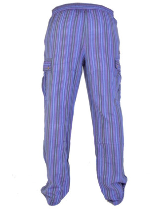 Fialové pruhované unisex kalhoty s kapsami, elastický pas