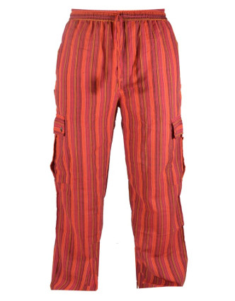 Červené pruhované unisex kalhoty s kapsami, elastický pas