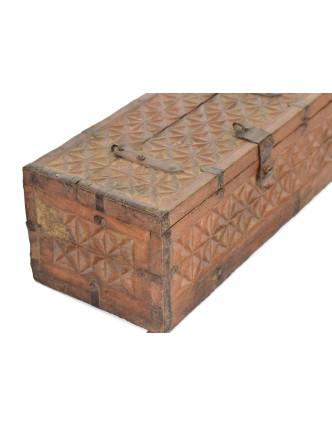 Antik truhlička z teakového dřeva, ručně vyřezávaná, 28x13x11cm