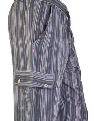 Šedé pruhované unisex kalhoty s kapsami, elastický pas