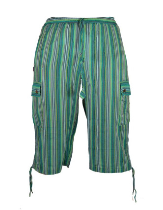 Zelené pruhované tříčtvrteční unisex kalhoty s kapsami, elastický pas