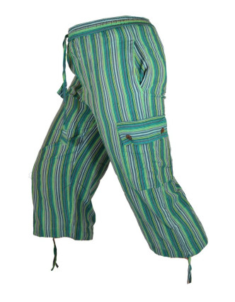 Zelené pruhované tříčtvrteční unisex kalhoty s kapsami, elastický pas