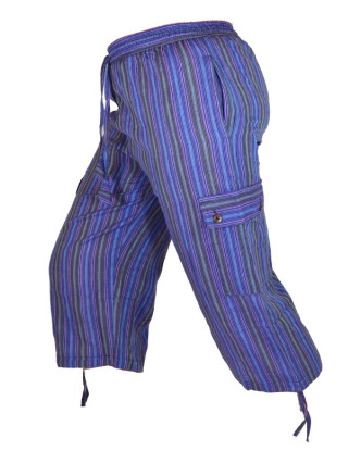 Fialové pruhované tříčtvrteční unisex kalhoty s kapsami, elastický pas