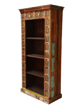 Knihovna z teakového dřeva zdobená reliéfy Buddhů, 90x40x180cm