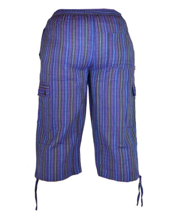 Fialové pruhované tříčtvrteční unisex kalhoty s kapsami, elastický pas