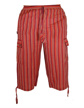 Červené pruhované tříčtvrteční unisex kalhoty s kapsami, elastický pas