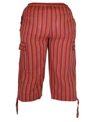 Červené pruhované tříčtvrteční unisex kalhoty s kapsami, elastický pas