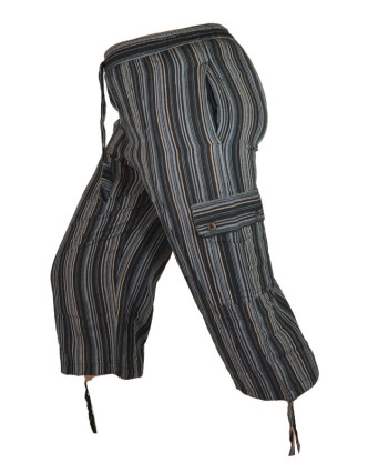 Šedo černé pruhované tříčtvrteční unisex kalhoty s kapsami, elastický pas