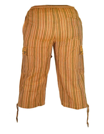 Hnědé pruhované tříčtvrteční unisex kalhoty s kapsami, elastický pas