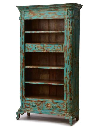 Knihovna z teakového dřeva, tyrkysová patina, 109x49x199cm