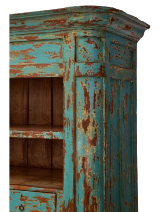 Knihovna z teakového dřeva, tyrkysová patina, 109x49x199cm