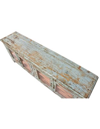 Prosklená skříňka z teakového dřeva, bílá patina, 175x36x64cm