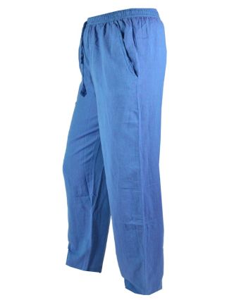 Unisex dlouhé modré kalhoty s kapsami, pružný pas