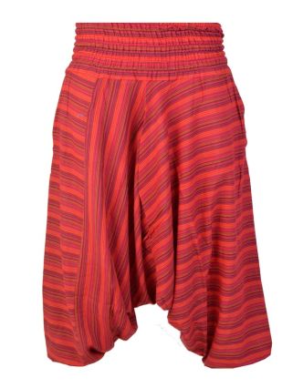 Červené pruhované turecké kalhoty, žabičkování v pase