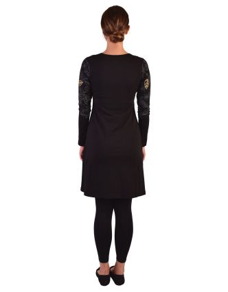 Krátké šaty s dlouhým rukávem, černé, potisk a výšivka listů, biobavlna