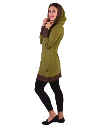 Mikinové šaty s dlouhým rukávem z biobavlny, zeleno-hnědé, drobný potisk, kapuca