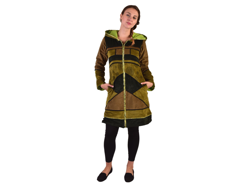 Khaki-zelený sametový kabátek s kapucí, patchwork a Chakra tisk-
