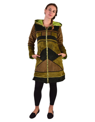 Khaki-zelený sametový kabátek s kapucí, patchwork a Chakra tisk-
