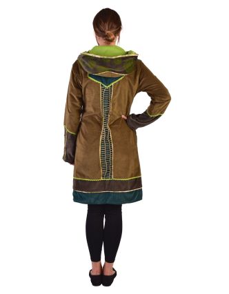 Khaki-zeleno-smaragdový sametový kabátek s kapucí, patchwork a Chakra tisk
