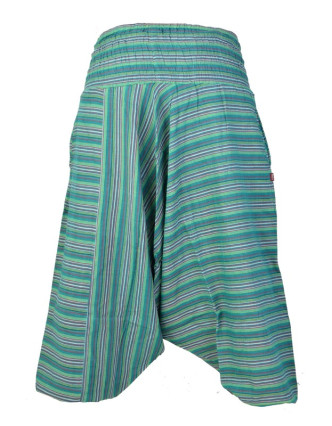 Turecké kalhoty, dlouhé, zelené proužky, žabičkování v pase