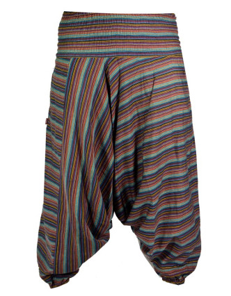 Multibarevné pruhované turecké kalhoty, žabičkování v pase