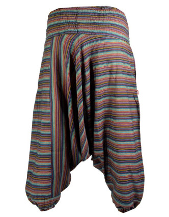 Multibarevné pruhované turecké kalhoty, žabičkování v pase