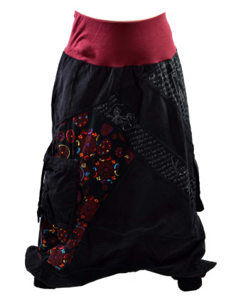 Dlouhé manžestrové turecké kalhoty, černo-vínové Chakra tisk a výšivka, kapsy