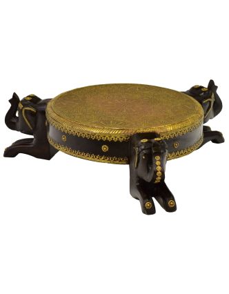 Čajový stolek z mangového dřeva, sloni, mosazné kování, 48x38x18cm