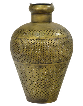 Světelná váza, kovová, ručně tepaná, mosazná patina, 37x37x57cm