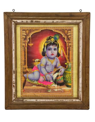 Starý obraz hinduistického božstva v teakovém rámu pod sklem, Krišna, 53x3x60cm
