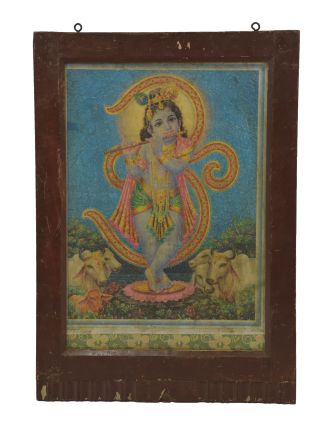 Starý obraz hinduistického božstva v teakovém rámu pod sklem, Krišna, 43x3x63cm