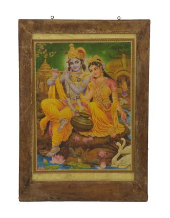 Starý obraz hinduistického božstva v teakovém rámu, Krišna a Radha,, 42x2x60cm