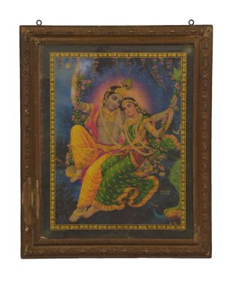 Starý obraz hinduistického božstva v teakovém rámu, Krišna a Radha, 48x2x59cm