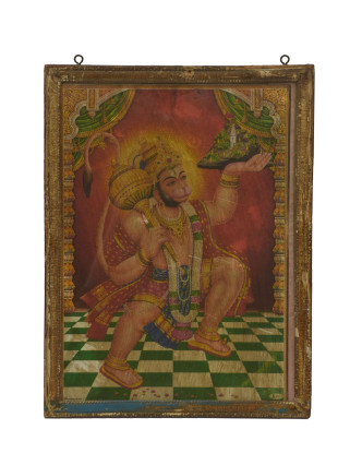 Starý obraz hinduistického božstva v teakovém rámu pod sklem, Hanuman, 29x2x38cm