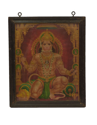 Starý obraz hinduistického božstva v teakovém rámu pod sklem, Hanuman, 29x2x34cm