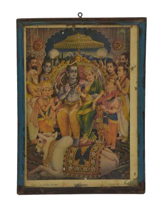 Starý obraz hinduistického božstva v teakovém rámu, Šiva a Parvati, 27x2x37cm