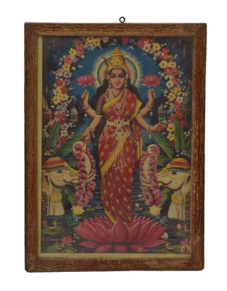 Starý obraz hinduistického božstva v teakovém rámu Lakšmí, 28x2x38cm