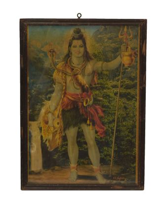 Starý obraz hinduistického božstva v teakovém rámu, Šiva, 28x2x38cm