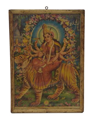 Starý obraz hinduistického božstva v teakovém rámu Durga, 27x2x37cm