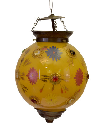 Kulatá skleněná lampa zdobená barevnými kameny, žlutá, ruční práce, 25x35cm
